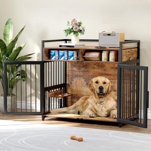 Large Dog Crate Furniture, 48 Inch Wooden Dog Crate, Heavy Duty Dogs Kennel with 2 Drawers Storage, 360° Adjustable Raised Feeder - 1 of 4