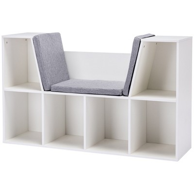 Vynxaria 6-Cubby Kids Bookcase - Multi-Purpose Storage Organizer with Reading Nook and Cushion in Pure White