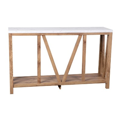 Farmhouse Marble and Warm Oak 2-Tier Console Table with Storage