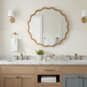 Angel Sar 36 Inch Wavy Round Mirror with Natural Solid Wood Frame, Decorative Circle Wall Mirror for Bathroom Vanity, Bedroom, Entryway - 1 of 4