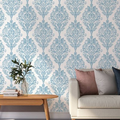 Coastal Blue Damask Non-Pasted Repositionable Wallpaper