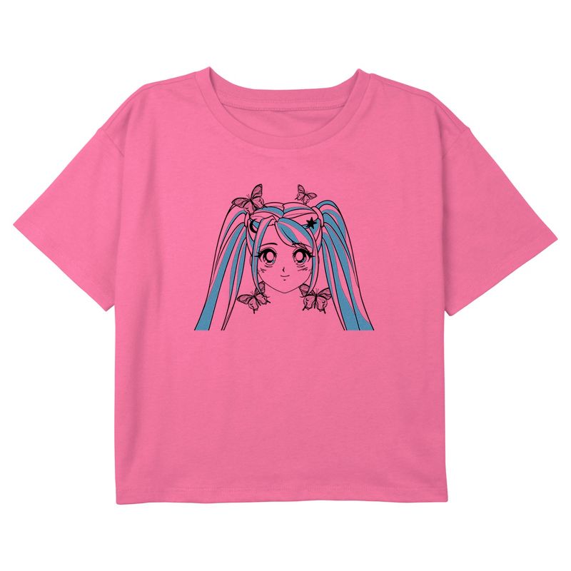 Girl's Lost Gods Butterfly Anime Face Blue T-Shirt, 1 of 4
