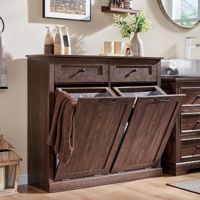 SinCiDo Double Tilt Laundry Basket Cabinet,Hidden Trash Can Cabinet Laundry Storage Basket,20 Gallon Farmhouse Trash Can Cabinet w/2 Drawers