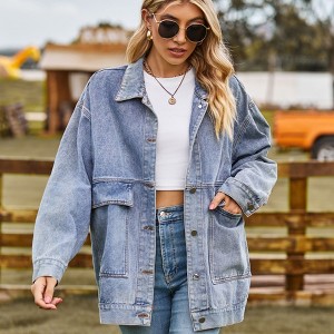 Womens Oversized Drop Shoulder Denim Jacket Casual Loose Fit Jean Coat - 1 of 4