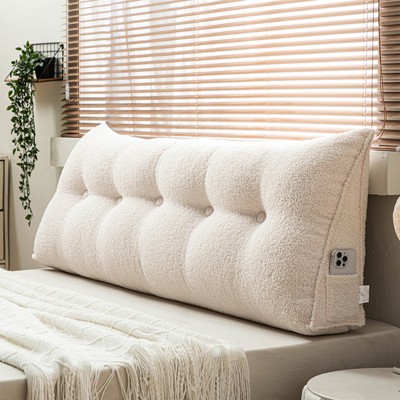 Soft Wedge Teddy Velvet Headboard Pillow w/ Side Pocket - PP Cotton Filled, Triangular Backrest Cushion for Dorm Bed