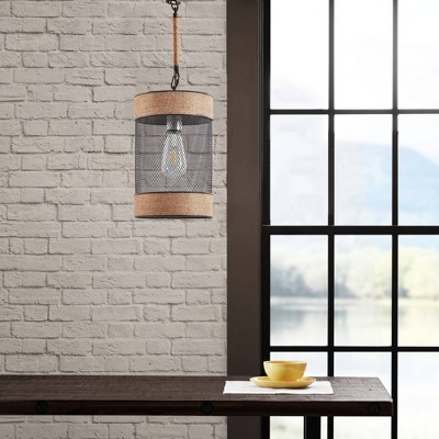 14.3" Black Natural Rope and Metal Mesh Pendant Light