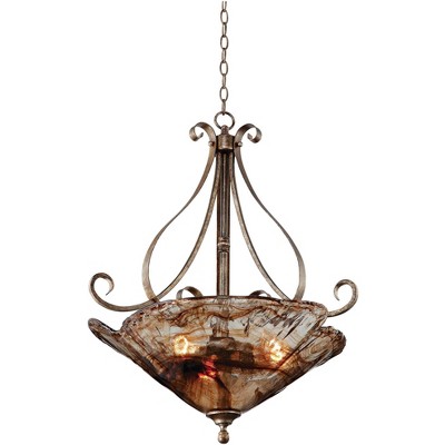 Elegant Amber Scroll 24.75" Golden Bronze Art Glass Pendant Chandelier