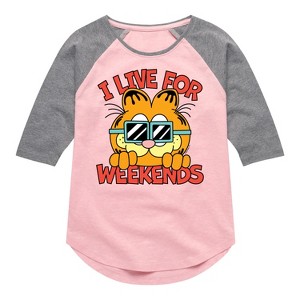 Girls' - Garfield - I Live For Weekends Shirt Tail Raglan Graphic T-shirt - 1 of 3