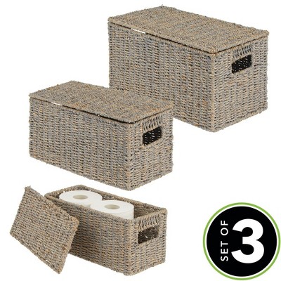 Gray Seagrass Rectangular Storage Baskets with Lids, Set of 3