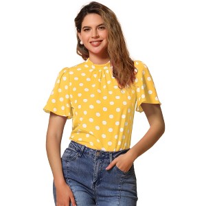 INSPIRE CHIC Women's Polka Dots Stand Collar Pleat Keyhole Back Short Flare Sleeve Tops - 1 of 4