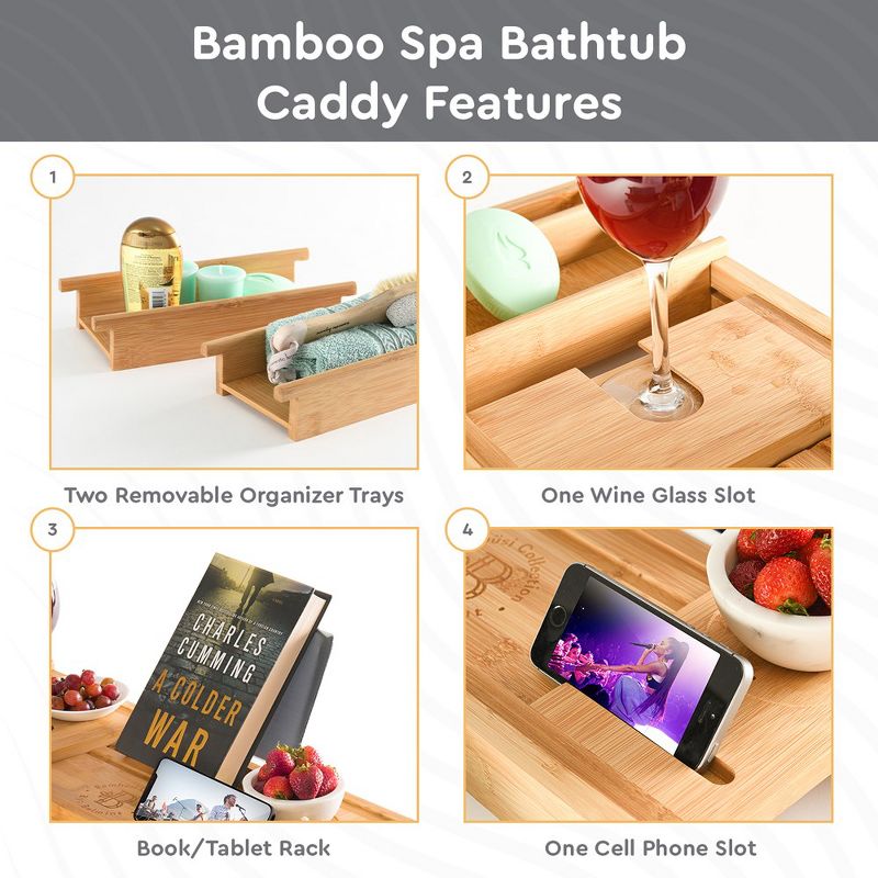 Luxury Bamboo Bathtub Tray Caddy - Expandable and Nonslip Bath Caddy with Book/Tablet and Wine Glass Holder - Best Gift for Him or Her, 3 of 10