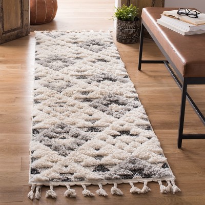 Ivory and Gray Diamond Shag Rug with Braided Tassels