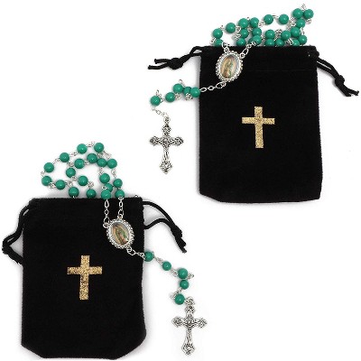 Juvale Rosary Beads Catholic Necklace Guadalupe Pendant & Crucifix with Black Velvet Pouch (2 Pack)