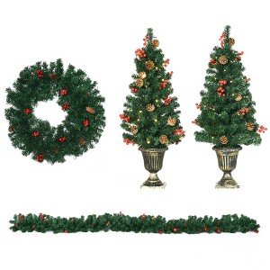 DOMETOUR Holiday Christmas 4-Piece Set, Garland Wreath and Set of 2 Entrance Trees with Warm White LED Lights, Red Berries, Pine Cones, Green - 1 of 4