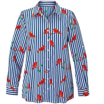 Collections Etc Cardinal Decorated Striped Button Front Shirt