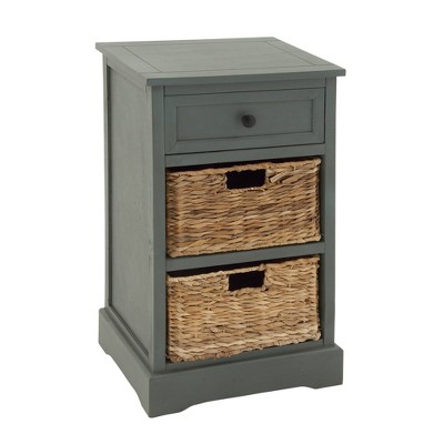 Teal Solid Wood Rectangular Side Table with Seagrass Baskets and Drawer