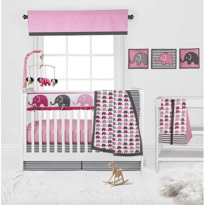 Bacati - Elephants Pink/Fuschia/Gray 10 pc Crib Bedding Set with Long Rail Guard Cover