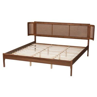 King Walnut Wood and Rattan Platform Bed with Woven Headboard