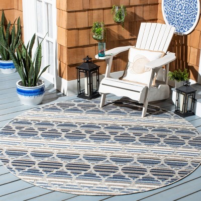 Blue/Grey Geometric 6'7" Round Stain-Resistant Synthetic Rug