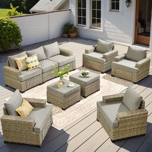 XIZZI All-Weather Rattan Furniture, Sectional Sets w/ Optional Solar Light-Up Coffee Table & Ottoman, Choose 6-9pc Configs in 8 Fade Resistant Colors - 1 of 4