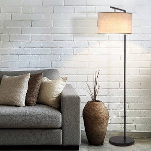 Brightech Montage Modern (Includes LED Light Bulb) Arc Floor Lamp Classic Matte Black: Compatible with Alexa & Siri, Linen Shade - 1 of 4