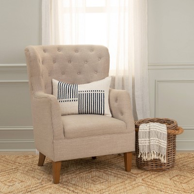 Natural and Blue Cotton Blend Striped Lumbar Pillow Set