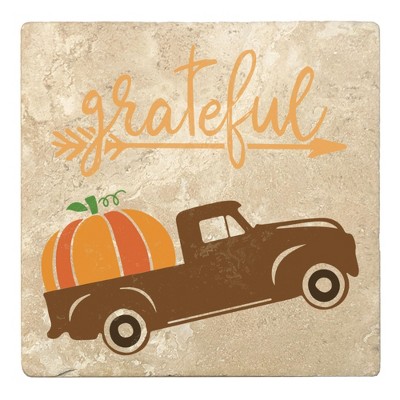 Christmas by Krebs Set of 4 Beige and Orange "grateful" Square Coasters 4"