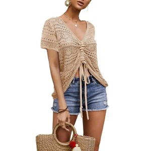 Imily Bela Women's Crochet Short Sleeve Top Drawstring Shirt Lace-Up Beach Top - 1 of 4
