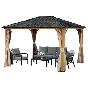 Aoodor Wood Grain Aluminum Gazebo Hardtop Black Steel Roof with Curtain&Netting - 1 of 4