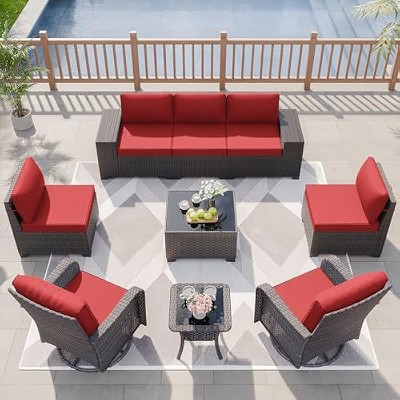 ALAULM Patio Furniture Set, Rattan Wicker Outdoor Conversation Sets, Outdoor Furniture Sectional Sofa Set w/4 Inch Cushion and Glass Coffee Table