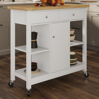 White Wood Butcher Block Kitchen Cart with Storage