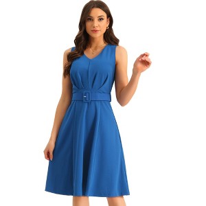 Allegra K Women's V-Neck Sleeveless Below Midi Belted Work A-Line Dress - 1 of 4