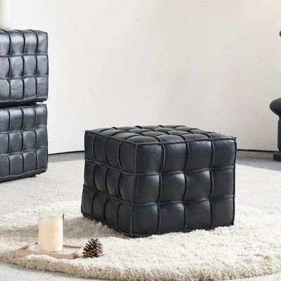 Sapphtopaz Upholstered Ottoman Genuine Leather Grid Bench Foot Stool with Biscuit Tufted Foot Stools Ottoman for Living Room, Entryway, Indoor