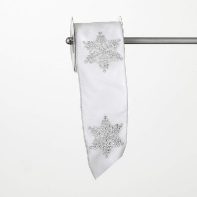15'L Sullivans Christmas White Sparkly Star Ribbon, White-Silver