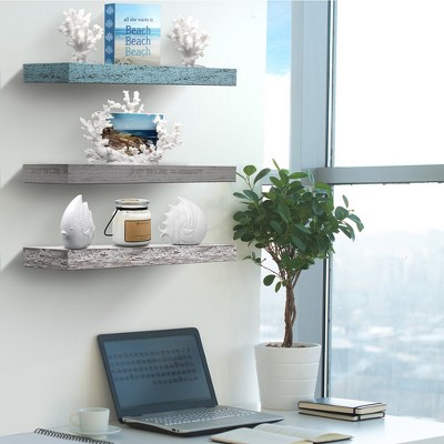 Rustic White and Blue Wood Floating Wall Shelves Set
