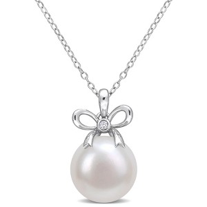 EVERLY JEWELRY | Sterling Silver 12-12.5mm Cultured Freshwater Pearl and Created White Sapphire Bow Pendant with Chain, 18" - 1 of 4
