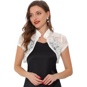 INSPIRE CHIC Women's Lace Stand Collar Pearl Button Short Sleeve Cropped Shrug - 1 of 4