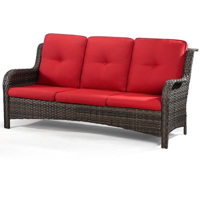 Red Wicker and Metal Outdoor Patio Sofa with Curved Armrests