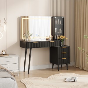 COZONY 48" Fluted Makeup Vanity Desk, 36" LED Mirror, 3 Color Modes, 5 Drawers, Open Shelf, Built-In Outlet, Glass Top - 1 of 4
