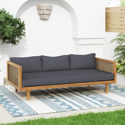 Outdoor 3 Seater Fabric Upholstered Sofa Bed,Acacia Wood Slat Panel Backrest Daybed,Rattan Armrests Patio Chaise Lounges-Coolbibila