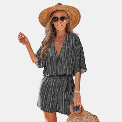 Women's Belted Striped Romper - Cupshe