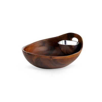 Nambe Portables Chip and Dip Server, Chips and Salsa Serving Dish, Salad Bar Serving Set for A Party, Made of Acacia Wood and Metal Alloy, 6-inch
