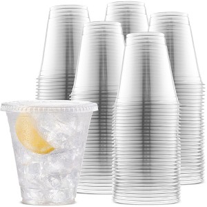 Durameg Large Party Plastic Cups with Straw-Slot Flat Lids 12 oz 100 Count - Crystal Clear Disposable Party Cups - 1 of 4