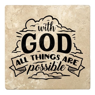 Christmas by Krebs Set of 4 Beige and Black "With GOD ALL THINGS ARE Possible" Square Coasters 4"