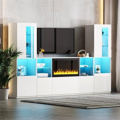 TIRAMISUBEST 3-Piece Entertainment Center Set with 34.2" Non-heating Electric Fireplace, TV Stand with LED Lights, Media Console with Shelves