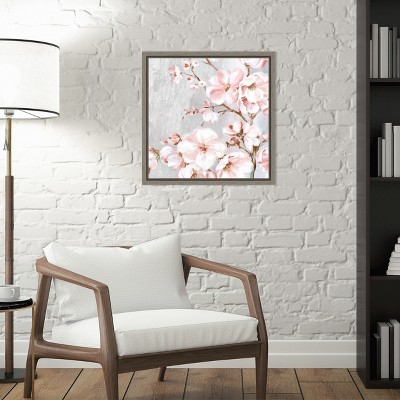 Spring Cherry Blossoms Pink and Gray Framed Canvas Wall Art