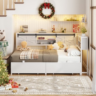 Aheaplus Reversible Daybed with Bookcase and Drawer, Corner Bed Frame with Sliding Door