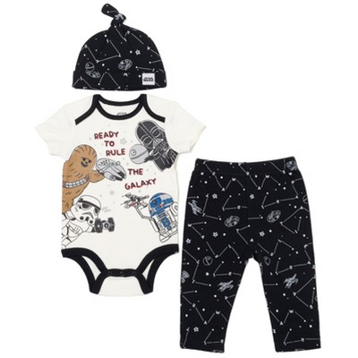 Image of Star Wars C-3PO Darth Vader Chewbacca Infant Baby Boys 3 Piece Outfit Set: Cuddly Bodysuit Pants Hat White / Black 12 Months