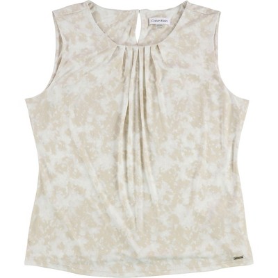Calvin Klein Womens Printed Pleat Neck Sleeveless Tank Top