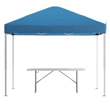 Flash Furniture 10'x10' Blue Pop Up Event Canopy Tent with Carry Bag and 6-Foot Bi-Fold Folding Table with Carrying Handle - Tailgate Tent Set